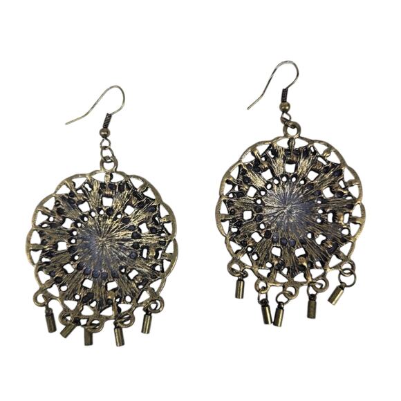 Gold Tone Faux Pearl Rhinestone Statement Tassel Circle Drop Dangle Earrings - Picture 4 of 7